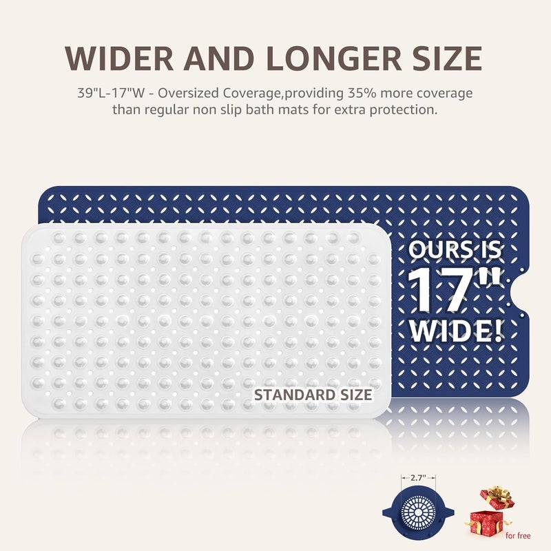 OTHWAY Bath Mat for Tub Non Slip: 39" X 17" Long Bathtub Mat with Hair Catcher│Big Drain Holes Shower Mats for Inside Shower│Machine Washable (Navy Blue) - Image 5